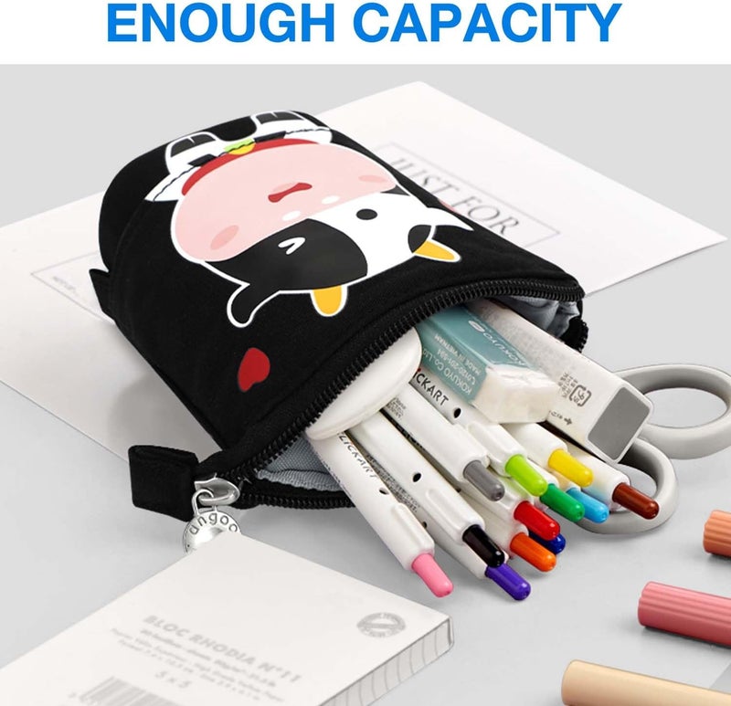 KPX Cute Standing Pencil Case for Kids, Pop Up Pencil Box Makeup Pouch, Christmas Gift Kids Canvas Pen Holder Organizer Cosmetics Bag, Kawaii Stationary (Baby Cow) - Image 5